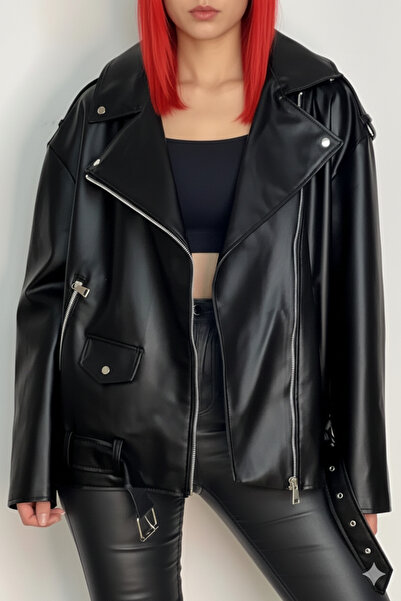 Orions Collection سترة Elvera New Season قصة فضفاضة طويلة للنساء من الجلد الأسود