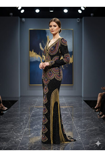 Zeyn KADIN ABİYE BONCUK VE SAÇAK KASNAK İŞLEMELİ ELBİSE