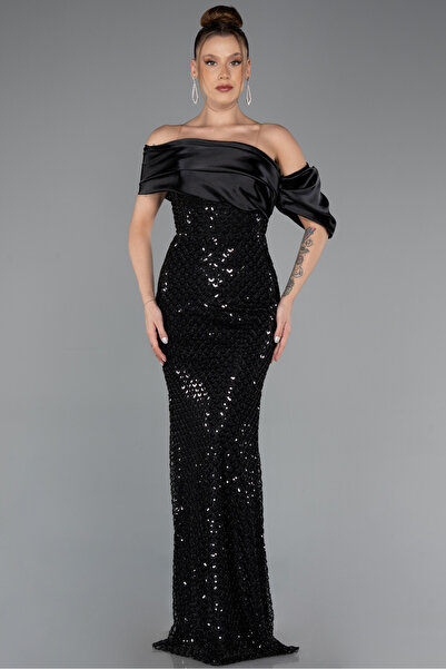 Abiyefon Siyah Saten Yaka Uzun Boncuklu Abiye Elbise ABU5434