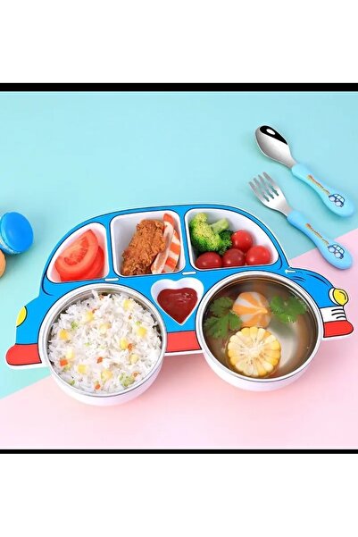 Pixel Araba Tasarımlı Kapaklı Çocuk Mama Tabağı Seti – 304 Paslanmaz Çelik