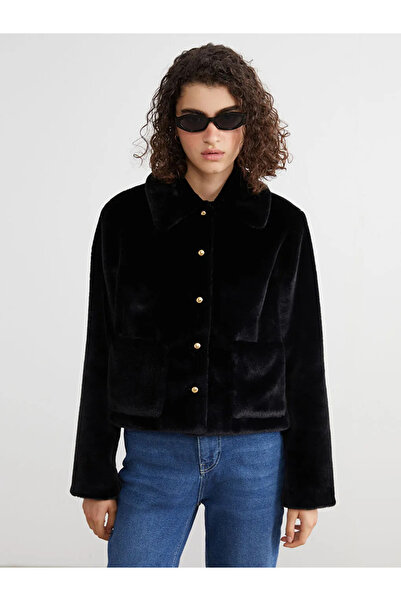 LC Waikiki Black shirt collar women's fur coat