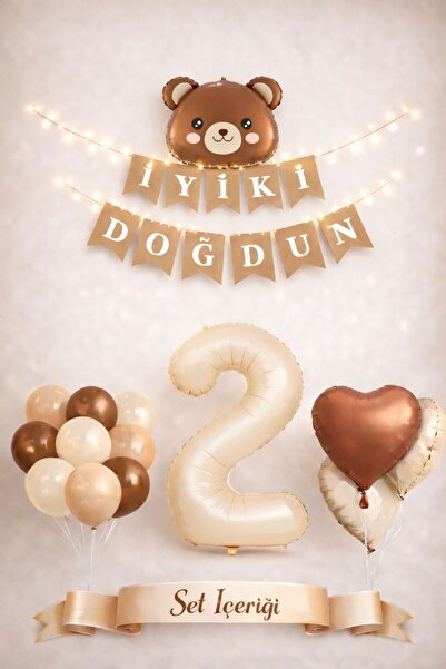 eğlencemarketi Ayıcık Temalı Doğum Günü Balon Seti – İyiki Doğdun Yazılı – LED Işıklı – Bej Kahverengi Konsept