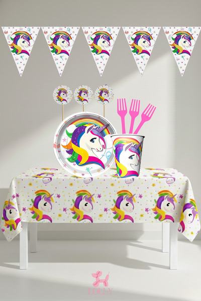 24 Kişilik Unicorn Temalı Doğum Günü Parti Seti (Tabak,Bardak,Çatal,Kürdan,Flama,Masa Örtüsü)