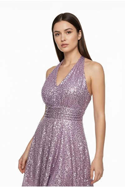 MİLLA Payetli Boyundan Bağlamalı V Yaka A-Kesim Mini Abiye Elbise