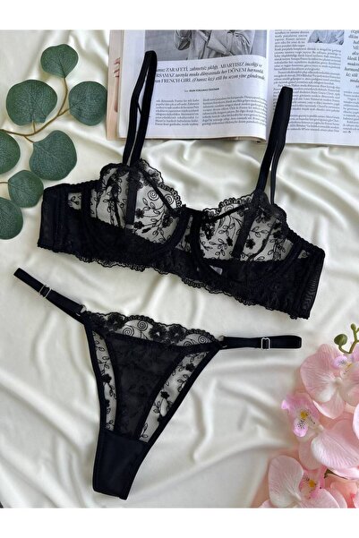 Fanwet Women Tulle Floral Bralet Bra Thong Lingerie Set