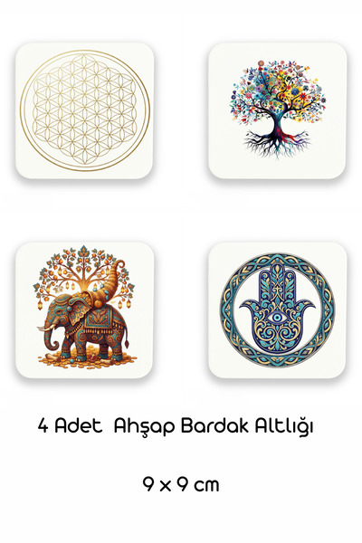Elbasan Tekstil 4 Pieces Wooden Coasters 9 X 9 cm Tree of Life, Flower of Life, Hand of Fatima, Blessing Elephant