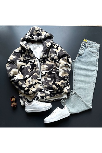 giyimadam16 Oversized - Hooded Patterned Plush Cardigan Men's Fleece Baggy Je...