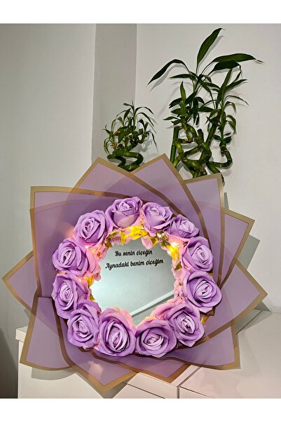 Pretty Ledli Lila Gül Buketi Aynalı Buket Doğum Günü Buketi Sevgililer Günü H...
