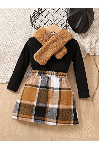 shop Kız Çocuk Günlük Şık 4’lü Kombin (Bluz + Etek + Atkı + Şapka)