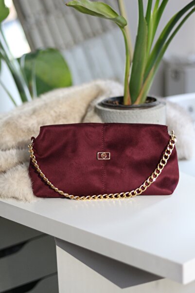 Moom Bag Women's Burgundy Suede Chain Detailed Strap Shoulder Bag