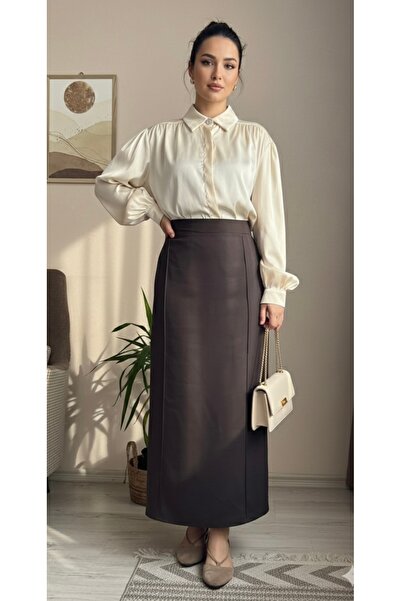 Mina Terzi&Butik Kahverengi Nervürlü Kalem Etek