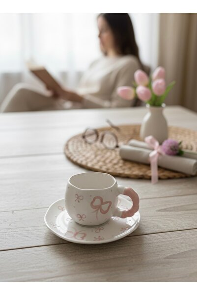 Çağ Seramik Fiyonk Desenli Tabaklı 2 Parça El Yapımı Seramik Kupa – Kulplu Kr...