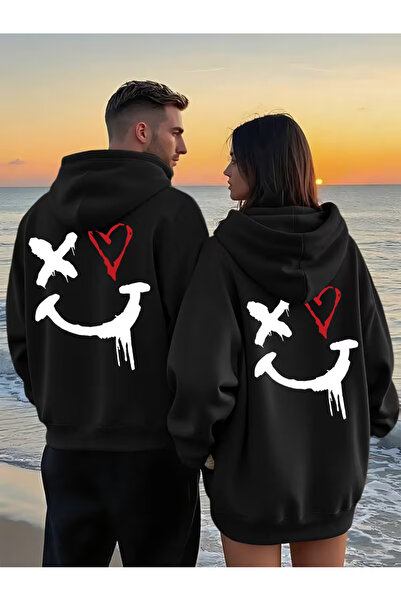 NEVERMIND Hanorac combinat pentru cuplu iubit – Heart Face cu imprimeu supradimensionat cu glugă Swea tricou Set de 2 unisex 3 fire