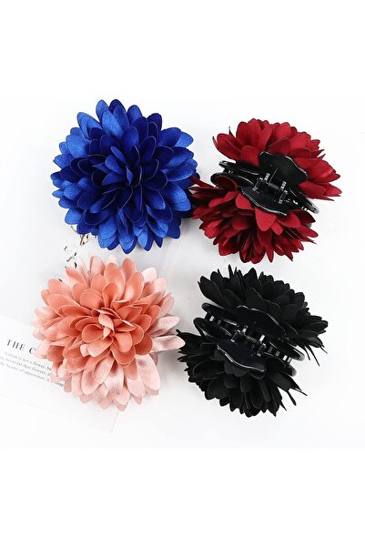 Cinaci 4 Pack Black Plastic Hair Claws with Big Large Satin Flower Daisy Bow Clips Barrettes Clamps