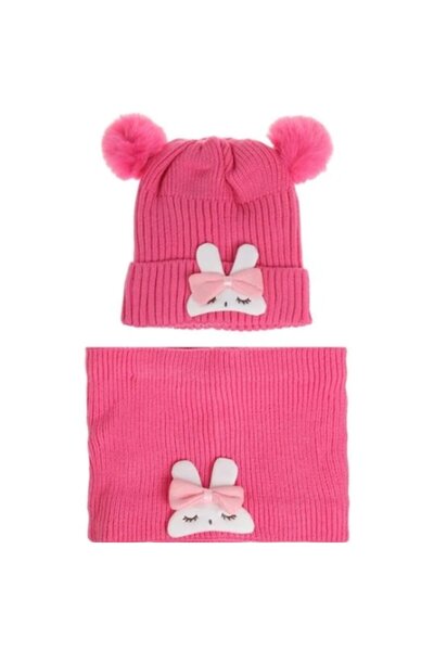 OEM Set căciulă roz și eșarfă circulară cu model de iepuraș pentru copii de 6...