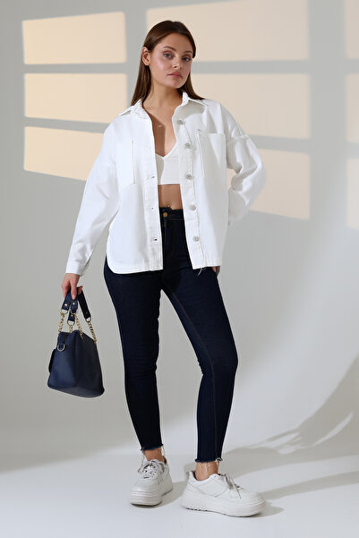 BLUE NATIONAL JEANS Kadın Oversize Kesim Gabardin Gömlek Ceket Beyaz Renk Gün...