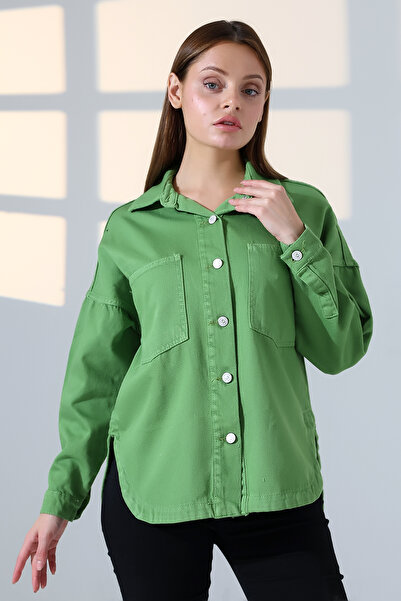 BLUE NATIONAL JEANS Kadın Oversize Kesim Gabardin Gömlek Ceket Çimen Yeşili G...