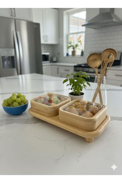 MagHome 2li Bambu Standlı Pleksi Kapaklı Kahvaltılık & Sunumluk & Kuruyemiş Saklama Seti