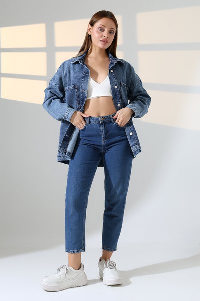 BLUE NATIONAL JEANS New Season Oversized Denim Jacket Shirt Blue Snow Wash Dark Color Casual Chic -Bnj4889