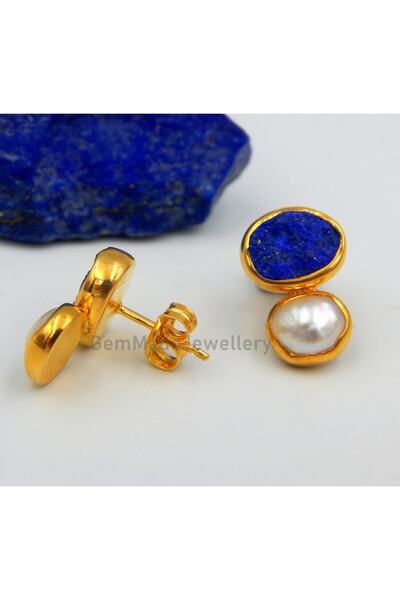 alpsilverart Ham Lapis Lazuli Ve İnci Taşlı El İşi Gümüş Altın Kaplama Otanti...