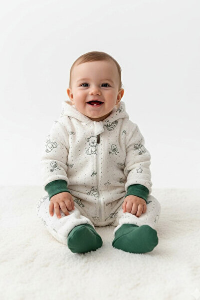 Mamman's Winter, Thick Plush, Hooded , Zippered Baby Boy Jumpsuit, Welsoft Fabric