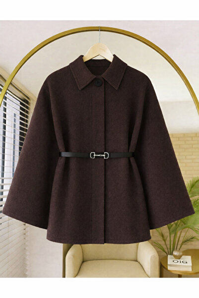 pepule Kahve Kadın Kemerli Kaşe tesettür Panço