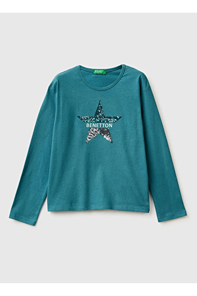 Benetton Зелена детска тениска с пайети за момичета 3ATNC10RG