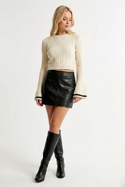 ABAY GİYİM Women's Ecru Long Sleeve Hair Knit Crop Knitwear Sweater