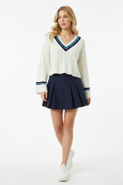 ABAY GİYİM Women's V-Neck Striped Detail Oversized Crop Sweater