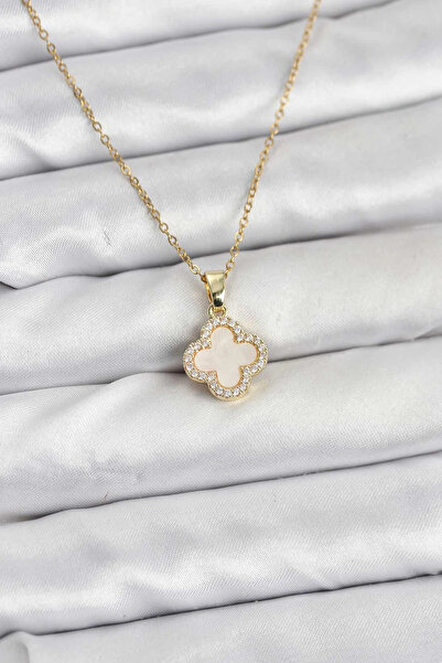 Epilons Bfs 316L Steel Chain Gold Color Pearlescent Clover Women's Necklace