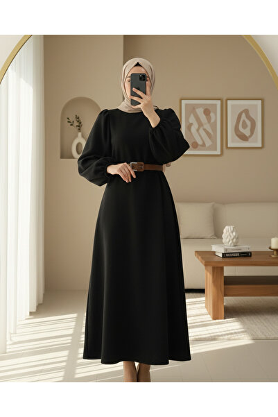 Modamorfo Thick Belted Balloon Sleeve Thessaloniki Dress -Black