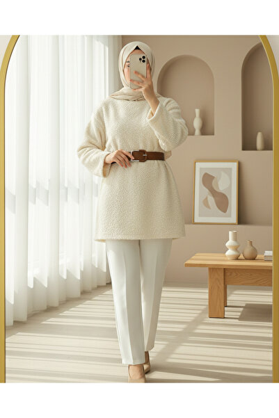 Modamorfo Thick Belted Boucle Sweater -Ecru