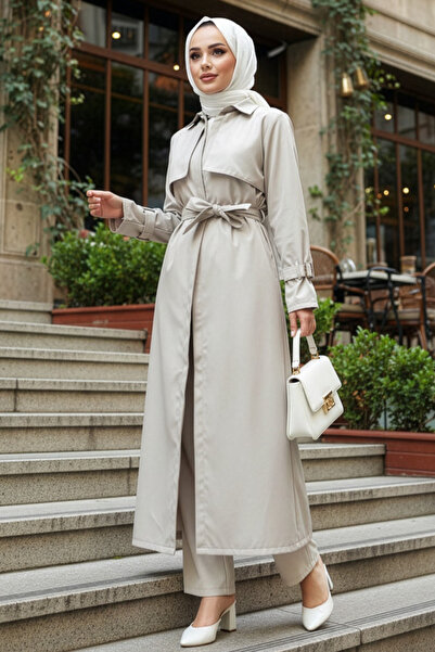 N.S NEVA STYLE Belted Beige Hijab Trench Coat 10700Bej