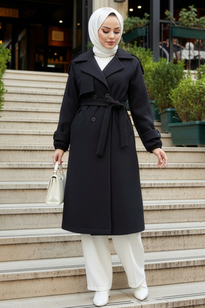 N.S NEVA STYLE Buttoned Black Hijab Cashmere Coat 6243S