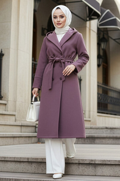 N.S NEVA STYLE Kapşonlu Koyu Gül Kurusu Tesettür Kaşe Kap 62341KGK