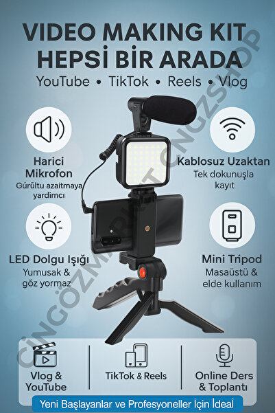 CNGZSHOP Video Making Kit Kumandalı Mikrofon LED Işık Mini Tripod Telefon Tut...