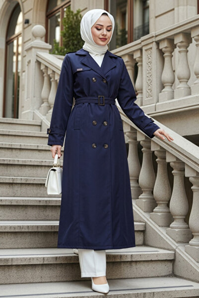 N.S NEVA STYLE Buttoned Navy Blue Hijab Trench Coat 7261L