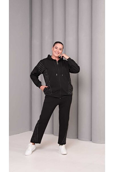 Esina Women's Two Threaded Pipe Leg Zippered Front Stone Detailed Tracksuit Set