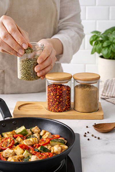 İthal 21.5X9 cm Set of 3 Bamboo Vacuum-Sealed Glass Barosilicate Spice Jars w...