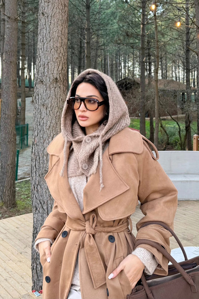 Eka Women's Camel Knitwear Buttoned Balaklava Beanie 594-14800