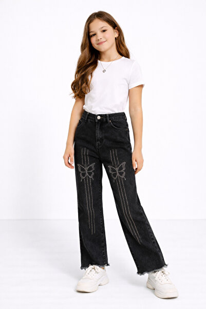 NAWİ 275-12-25 Girl's Stone Embroidered Straight Leg Jeans Pants Age 6/12