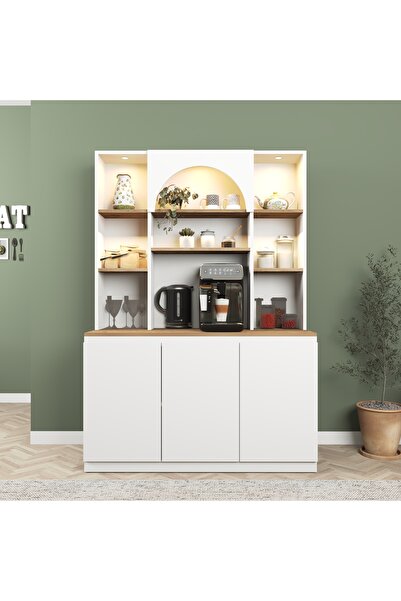 Cool Home Mila Ledli Kahve Köşesi 120 cm , Çok Amaçlı Mutfak , Kiler Dolabı ,Beyaz - Meşe