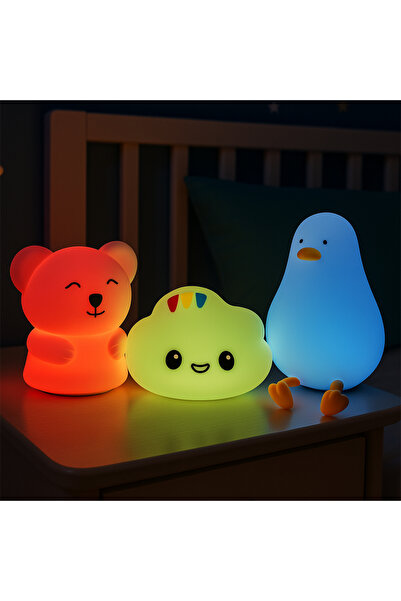 ORBUS 3’lü Silikon Gece Lambası Seti Ayıcık Bulut Ördek Dokunmatik 7 Renk AAA Pilli