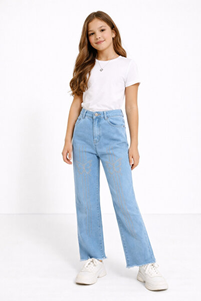 NAWİ 275-12-25 Παντελόνι τζιν με πέτρινη κεντητική διακόσμηση για κορίτσια, ί...