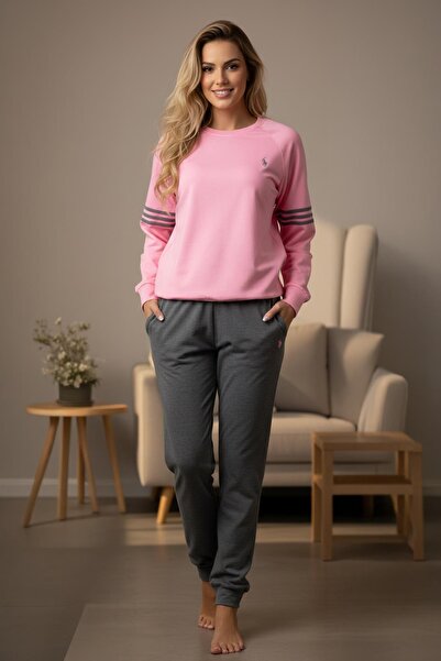Polo Republica & CO Women's Long Sleeve Pajama Set Pink-Gray Cotton Stretch F...