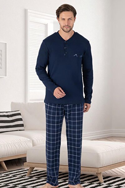 Erse %100 Pamuk Erkek Mevsimlik Uzunkollu Pijama Takım, Altı ekoseli Cep Detaylı, Üst düz renk yuvarlak y