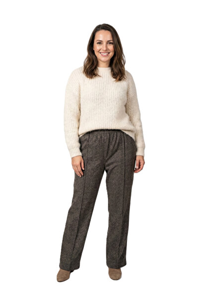 Oppland Women's Trousers Thick Winter with Pockets Fleece-Lined Cotton Textured Elastic Waist Gray Patterned