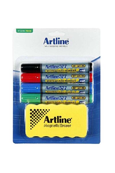 artline قلم تحديد مكون من 4 قطع مع ممحاة مغناطيسية، أخضر/أحمر/أزرق EK-519/KITM