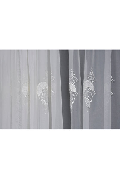 AKÇA TEKSTİL Brode 1650 Broken White Color Single Wing Ready-Made Pleated Background Curtain 300*260 cm