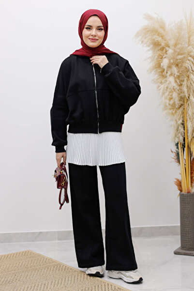 Tesettür Dünyası Zippered Fleece-Lined Tracksuit Set Tsd250258 Black